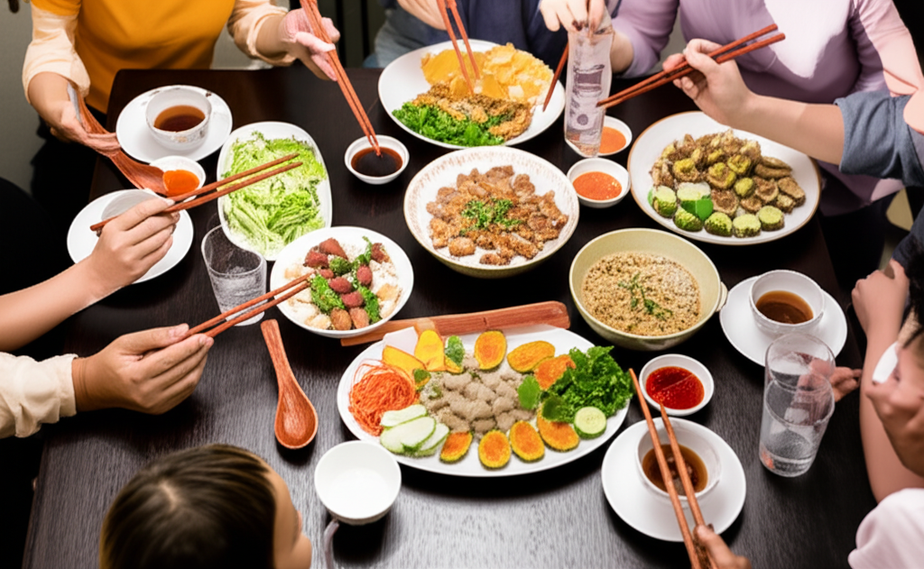Bữa cơm gia đình ấm cúng với đũa gỗ trắc