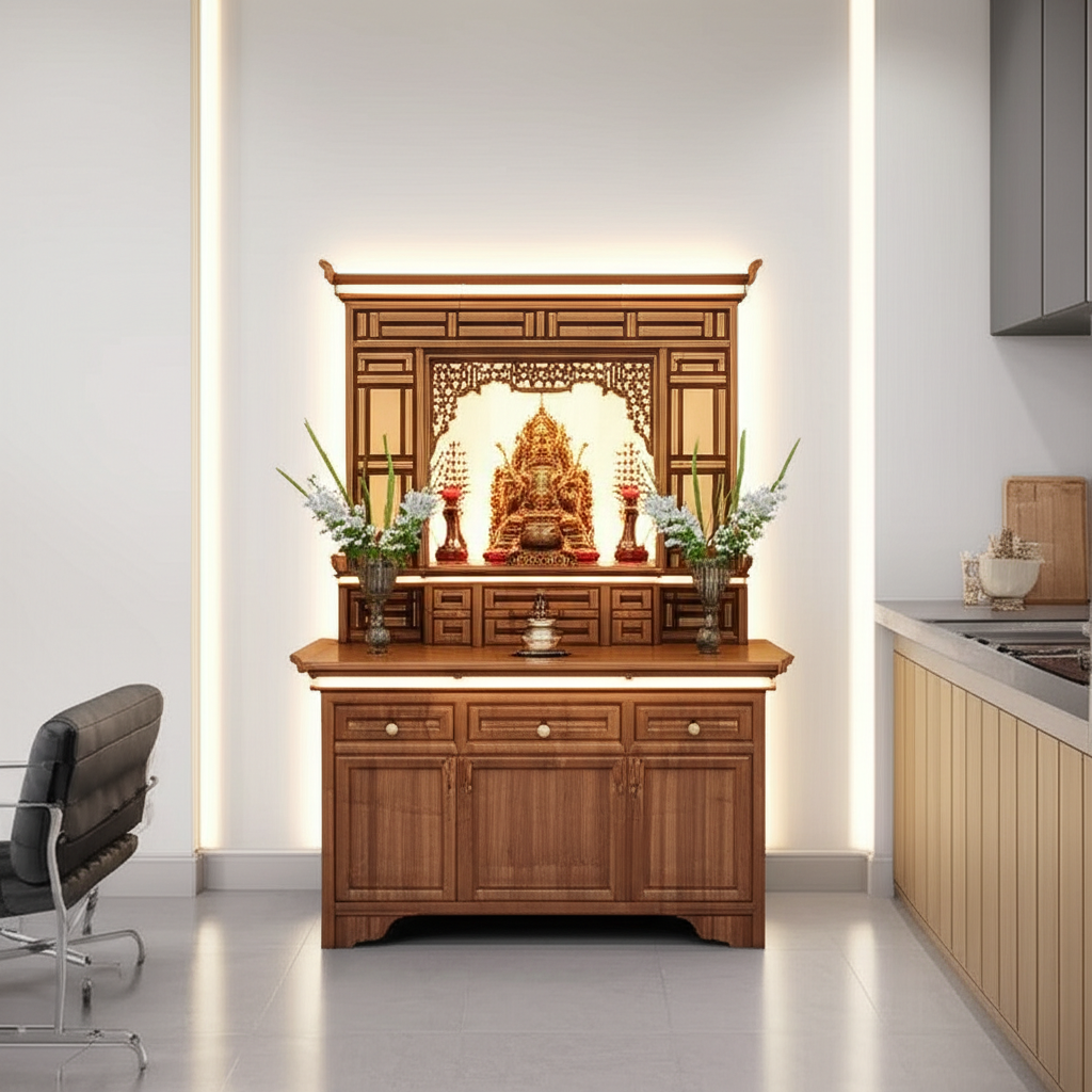 Bàn thờ thần tài chạm khắc họa tiết đơn giản phong cách hiện đại